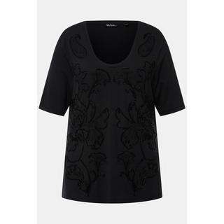 Ulla Popken  T-shirt con ricami con perline, scollo a girocollo e mezze maniche 