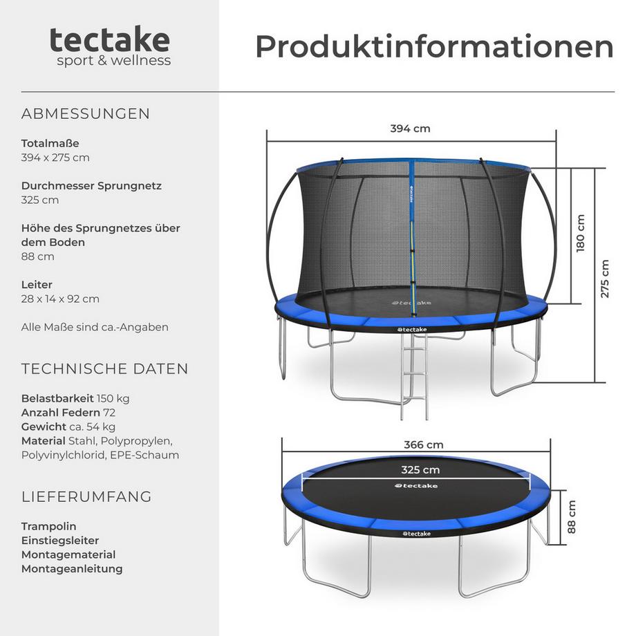 Tectake  Trampolin Jumpy Ø 366 cm, GS-zertifiziert mit Sicherheitsnetz 