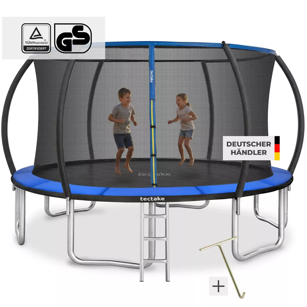 tectake® Trampolin, Ø 366 cm, GS-zertifiziert, Randabdeckung, inklusive Einstiegsleiter