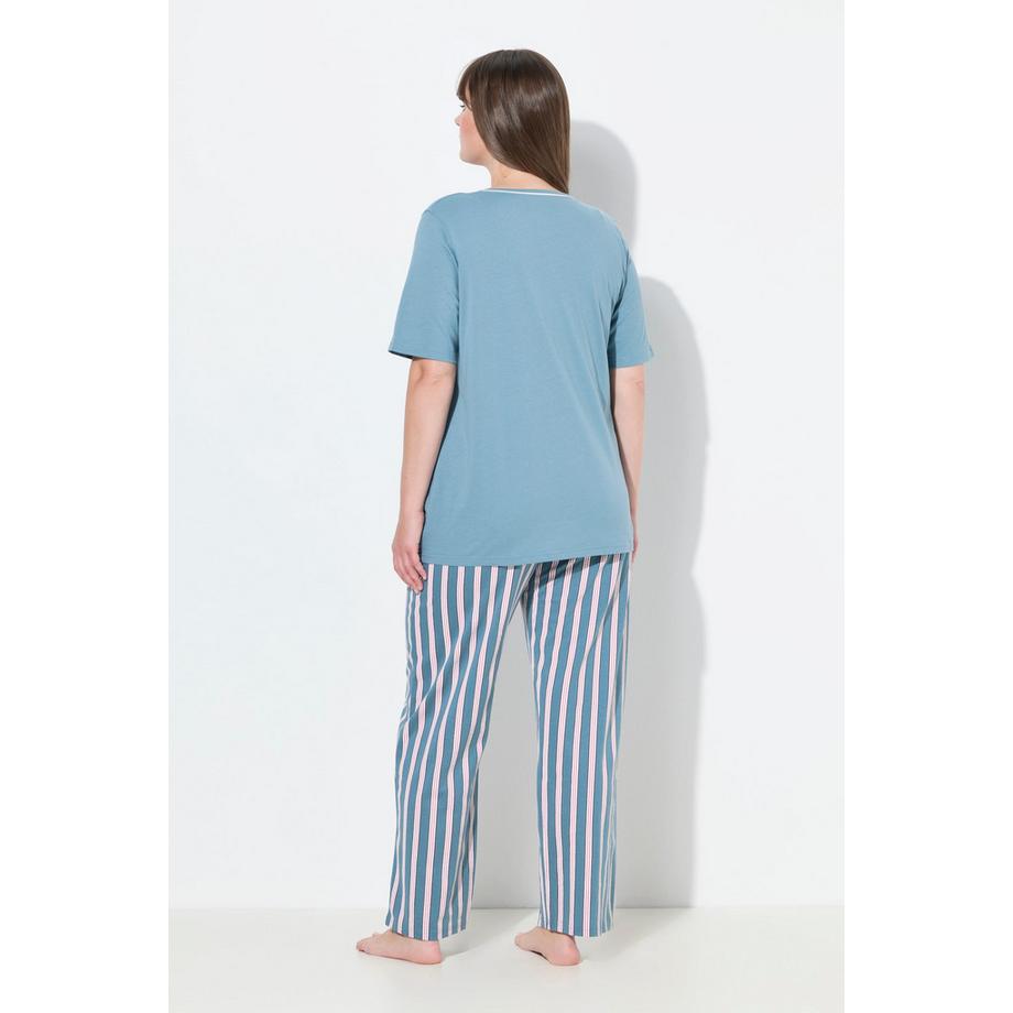 Ulla Popken Pyjama Piping V-Ausschnitt Halbarm Stickerei  