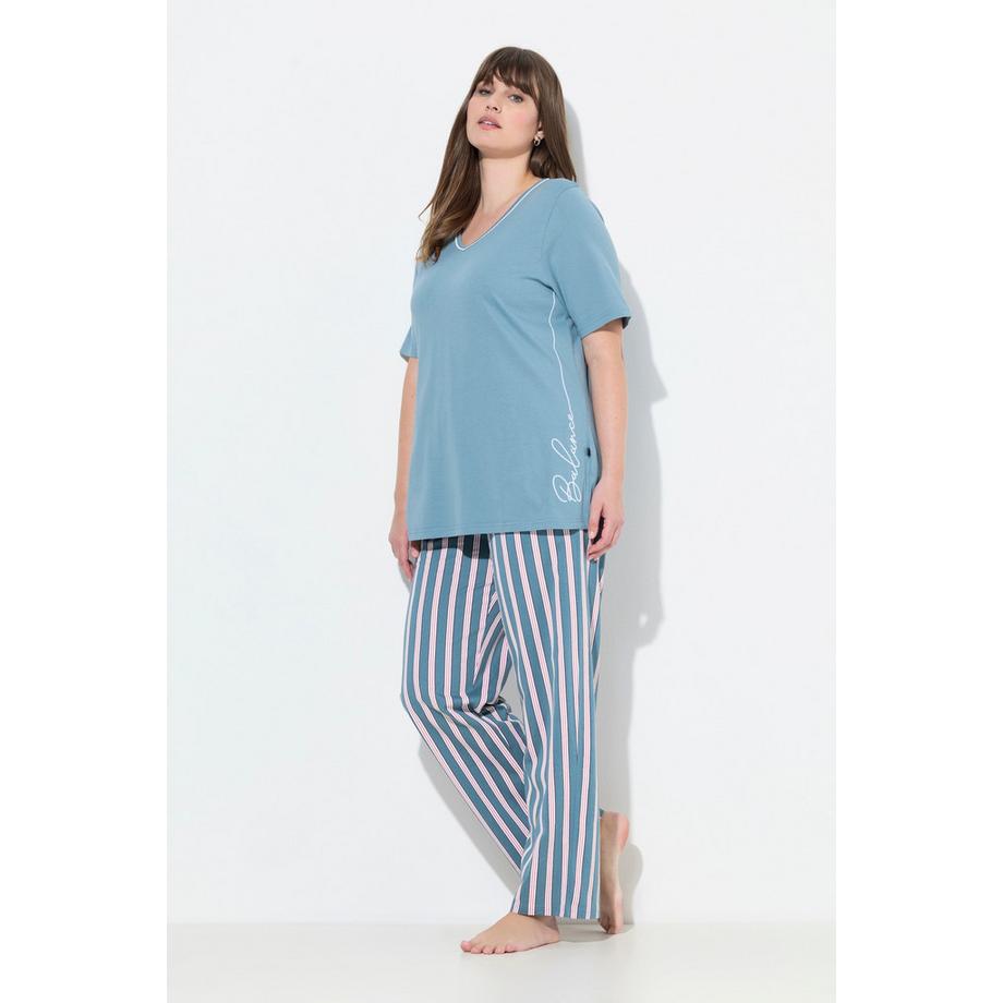 Ulla Popken Pyjama Piping V-Ausschnitt Halbarm Stickerei  