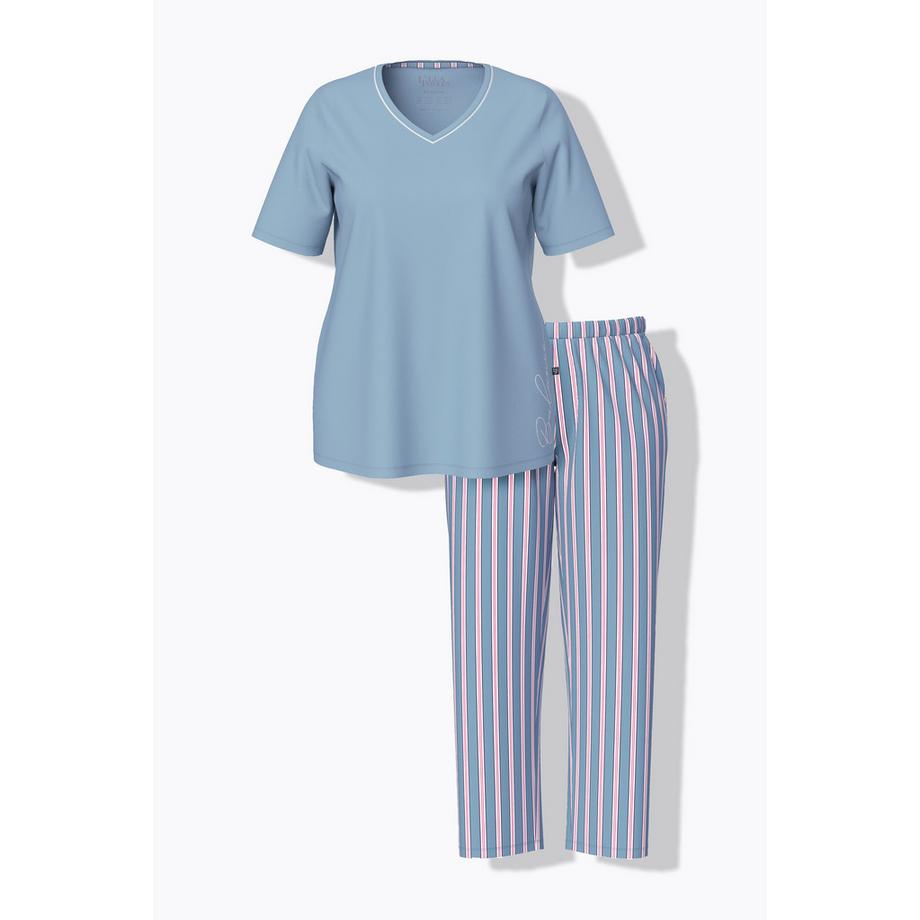 Ulla Popken Pyjama Piping V-Ausschnitt Halbarm Stickerei  