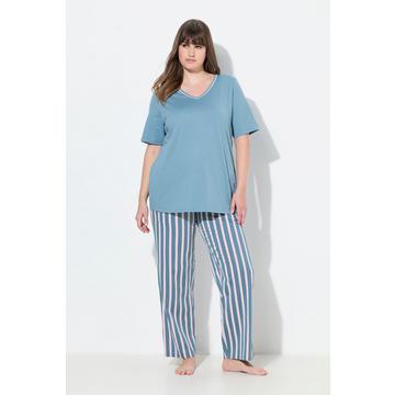 Pyjama, Piping, V-Ausschnitt, Halbarm, Stickerei