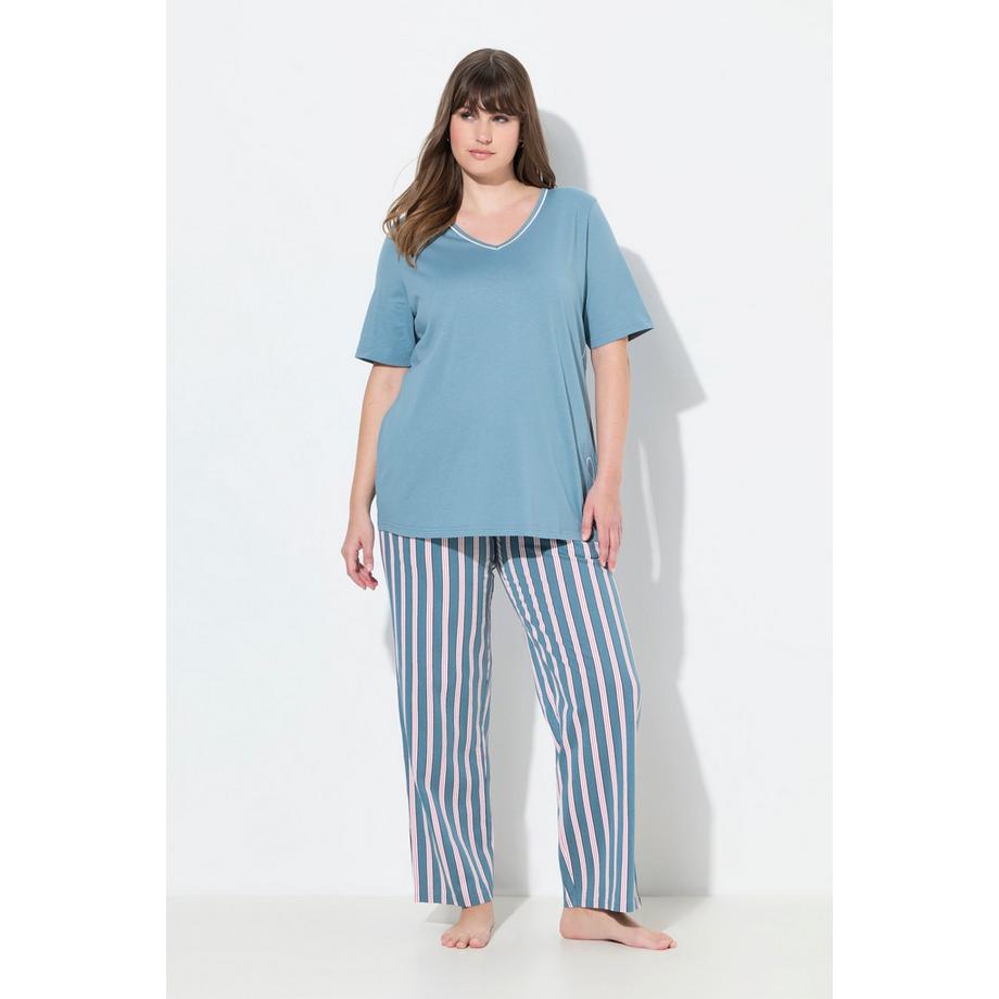 Ulla Popken Pyjama Piping V-Ausschnitt Halbarm Stickerei  