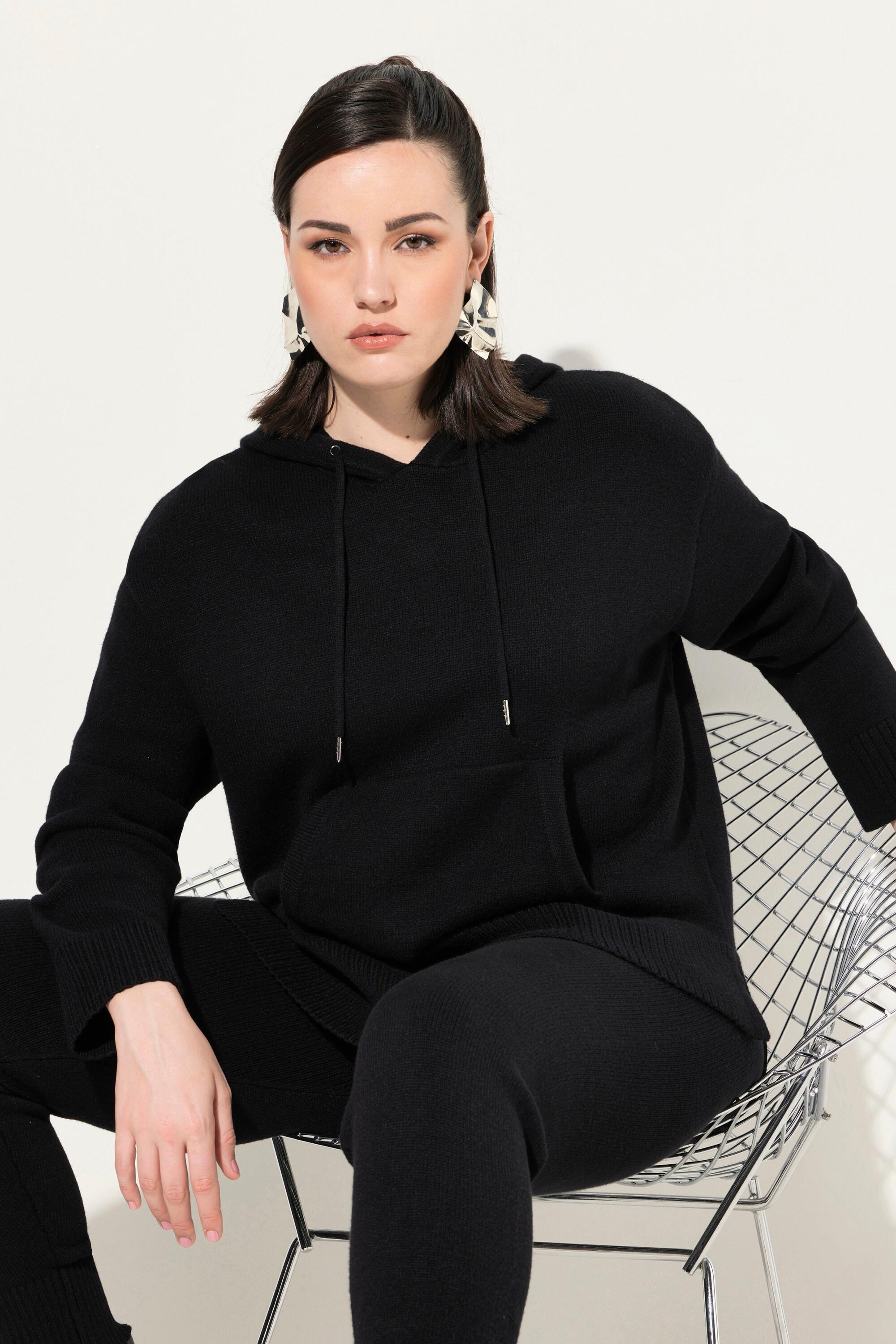 Ulla Popken Felpa con Cappuccio Lavorata a Maglia Oversize Maniche Lunghe con Tasca  
