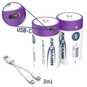 Batteria ricaricabile Torcia (D) Li-Ion 2 pz.  LR20 USB-C 6000 mAh