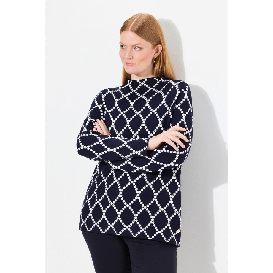 Ulla Popken Pull jacquard à pois en maille col montant manches longues  