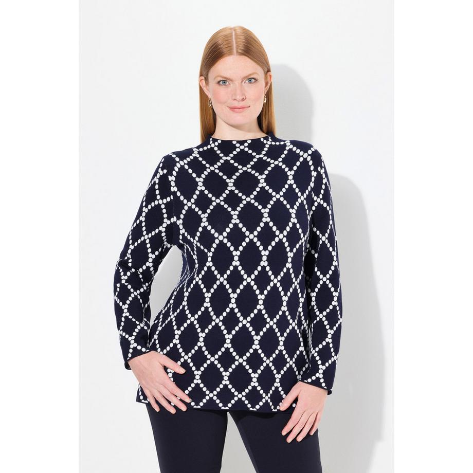 Ulla Popken Pull jacquard à pois en maille col montant manches longues  