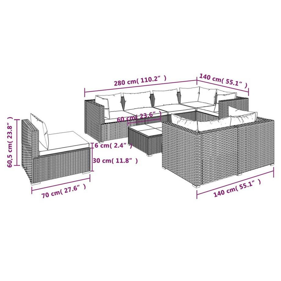 VidaXL Salon de jardin rotin synthétique  