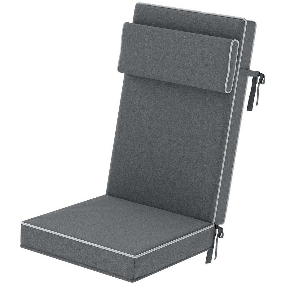 Coussin de siège 120 x 47 x 9,5 cm, coussin de chaise hydrofuge avec attaches, appui-tête, coussin de siège intérieur extérieur UPF50+, coussin de siège pour chaise pliante, chaise de salle à manger, gris foncé