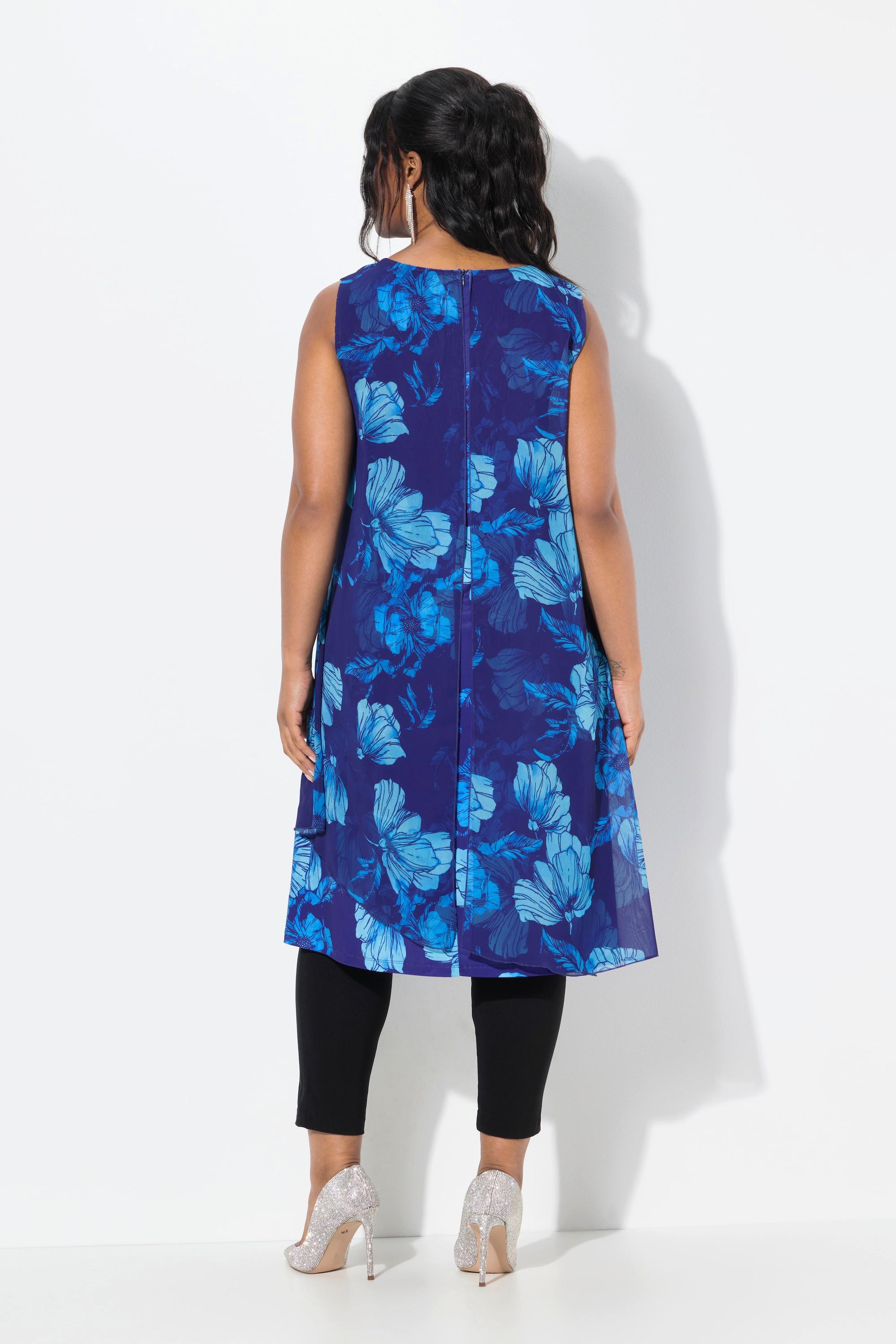 Ulla Popken Abito Doppio Strato Svasato Floreale Senza Maniche Girocollo  