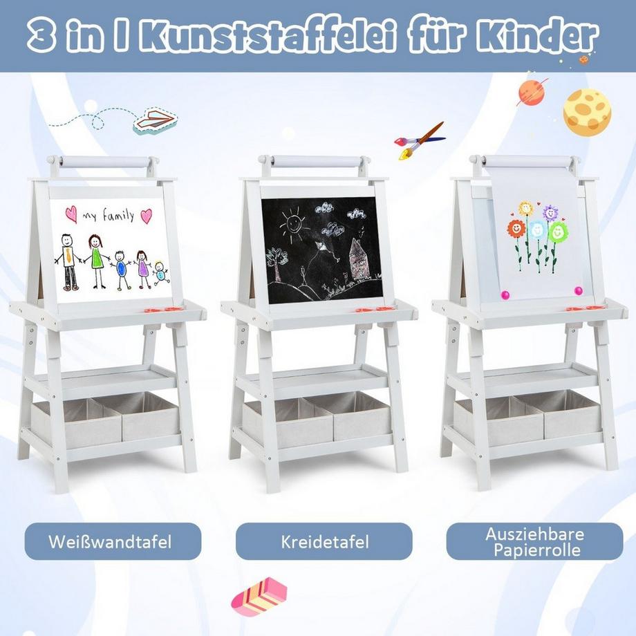 Northio  3 in 1 Kinder Staffelei Doppelseitig Whiteboard & Kreidetafel & Zeichenpapier Standtafel Weiß 