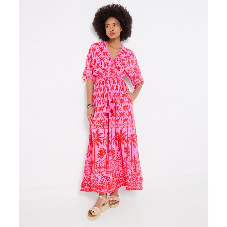 Maxikleid mit Palmenprint und Fledermausärmeln