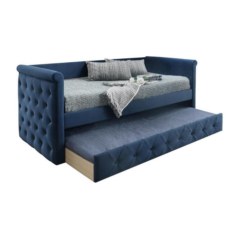 Vente-unique Letto singolo con letto estraibile capitonné 2 in tessuto blu LOUISE  