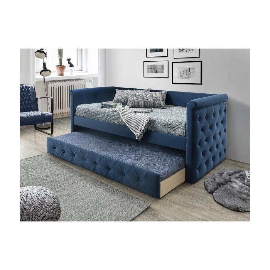Vente-unique Letto singolo con letto estraibile capitonné 2 in tessuto blu LOUISE  