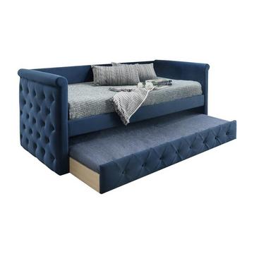 Letto singolo con letto estraibile capitonné 2 in tessuto blu LOUISE