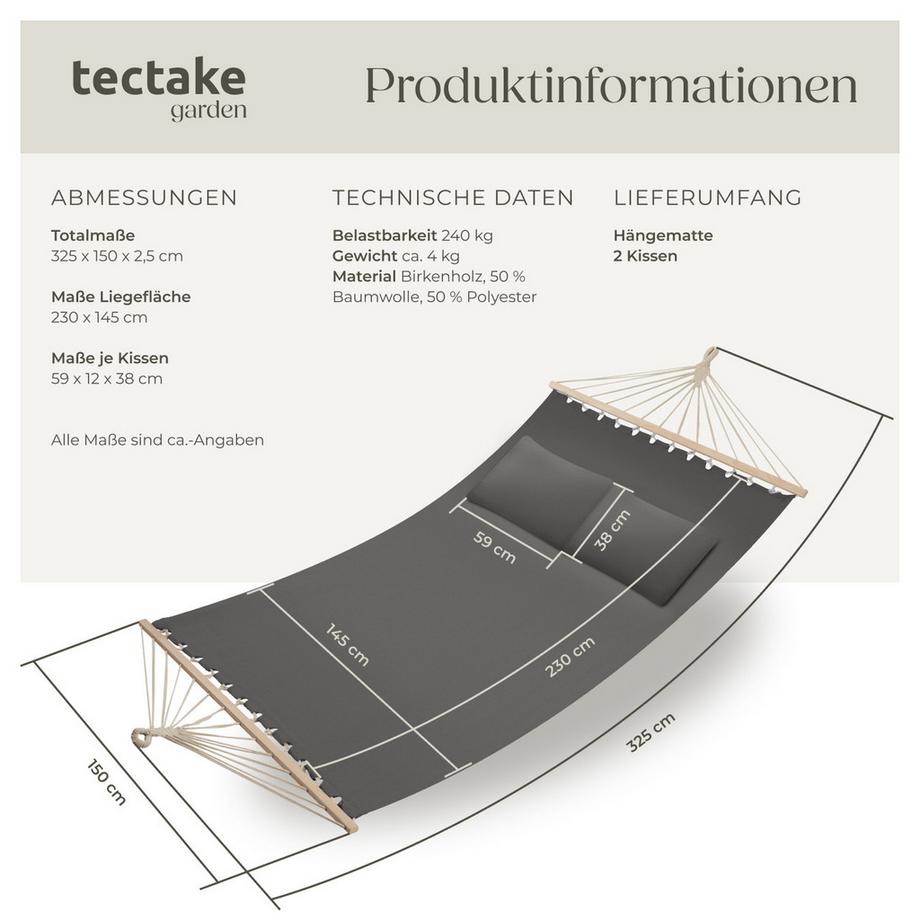 Tectake Hängematte Eden mit Spreitzstäben, für 2 Personen strapazierfähiger Stoff  