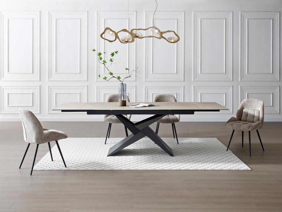 Maison Céphy Table à manger extensible 6 à 10 personnes en céramique, verre et métal - Effet travertin beige et Noir - LIONIZA de Maison Céphy  