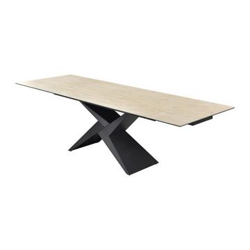 Table à manger extensible 6 à 10 personnes en céramique, verre et métal - Effet travertin beige et Noir - LIONIZA de Maison Céphy