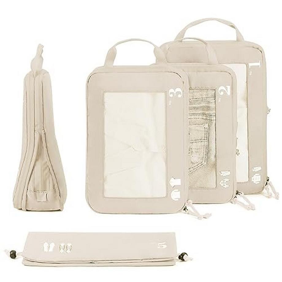 Only-bags.store  5-teiliges Kompressionskoffer-Organisatorenset für Rucksack Kompressionspackwürfel Packwürfel Kofferorganisator Packsäcke Kleidersäcke für Koffer Reiseorganisator (Beige) 