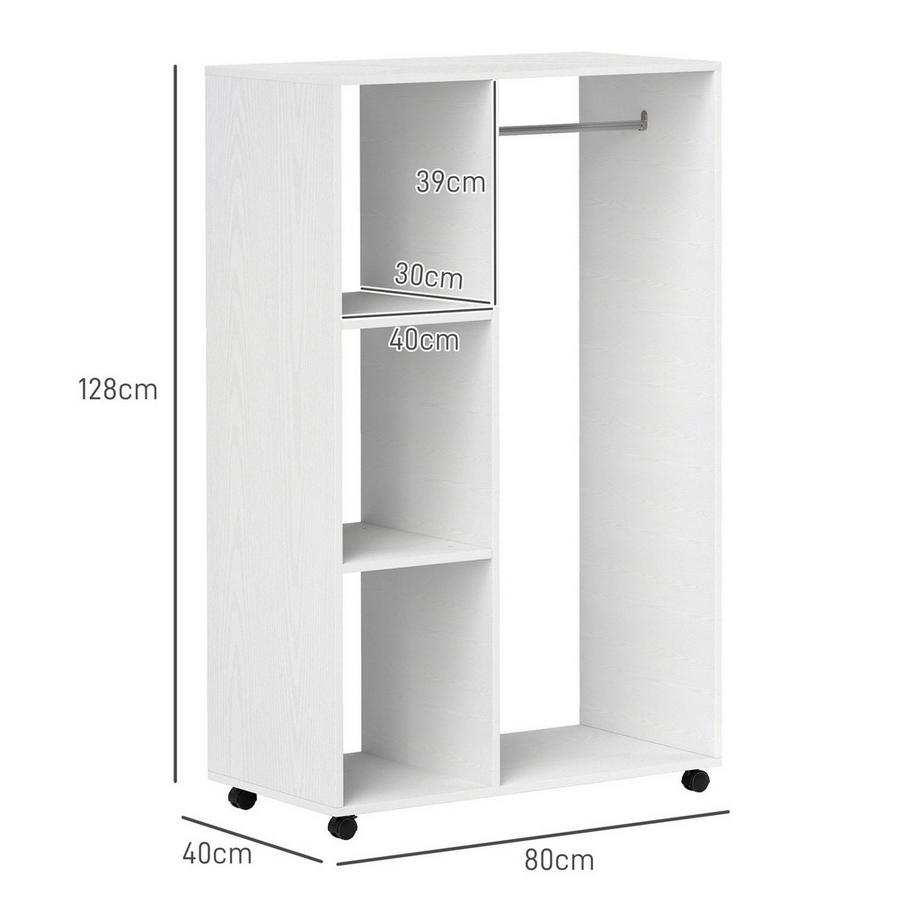 Northio Kleiderschrank auf Rollen, mobile Garderobe, 1 Kleiderstange, 3 Regale, Garderobenschrank, Rollbarer Kleiderständer für Flur, Schlafzimmer, 80 x 40 x 128 cm, Weiß  