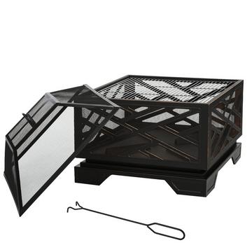 Braciere con protezione antiscintille, braciere con griglia e attizzatoio, griglia per barbecue 2 in 1, metallo, nero, 66x66x66 cm