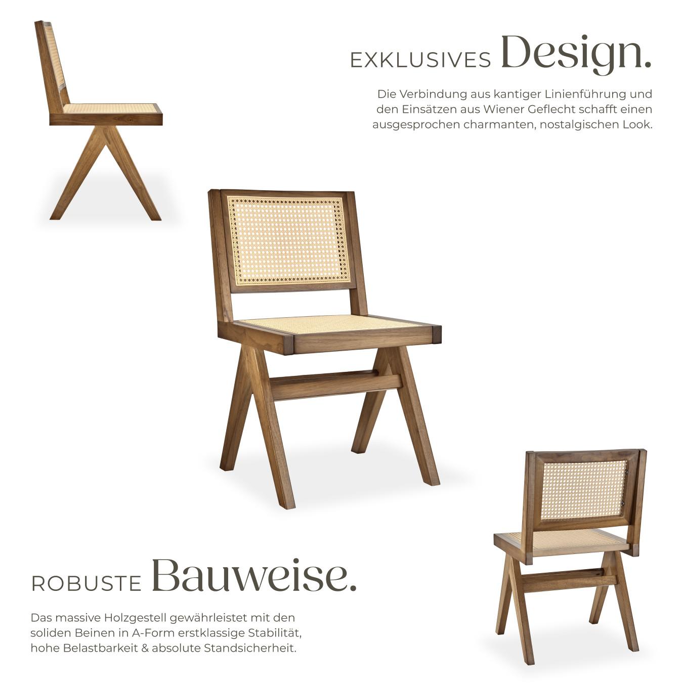 Tectake Holzstuhl Lissy Boho-Stil große Rückenlehne und Sitzfläche mit Wiener Geflecht  