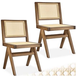 Tectake Holzstuhl Lissy Boho-Stil große Rückenlehne und Sitzfläche mit Wiener Geflecht  