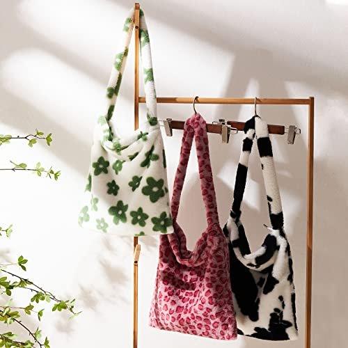 Only-bags.store  Plüschhandtasche mit Reißverschluss Süße flauschige Umhängetasche Umhängetasche, Schwarze Blumen 