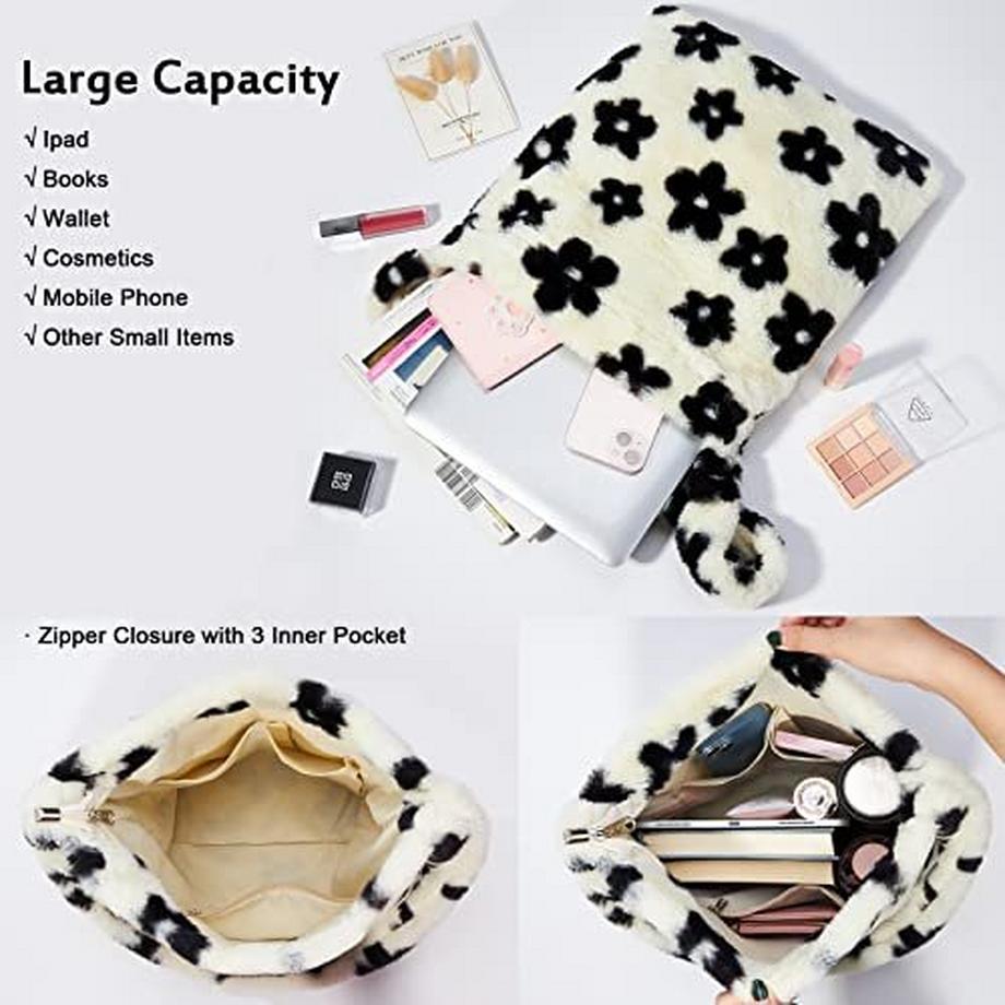 Only-bags.store Sac à bandoulière en peluche avec fermeture éclair noir floral  