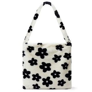 Only-bags.store  Plüschhandtasche mit Reißverschluss Süße flauschige Umhängetasche Umhängetasche, Schwarze Blumen 