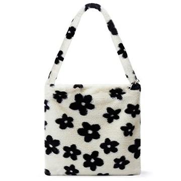 Plüschhandtasche mit Reißverschluss Süße flauschige Umhängetasche Umhängetasche, Schwarze Blumen