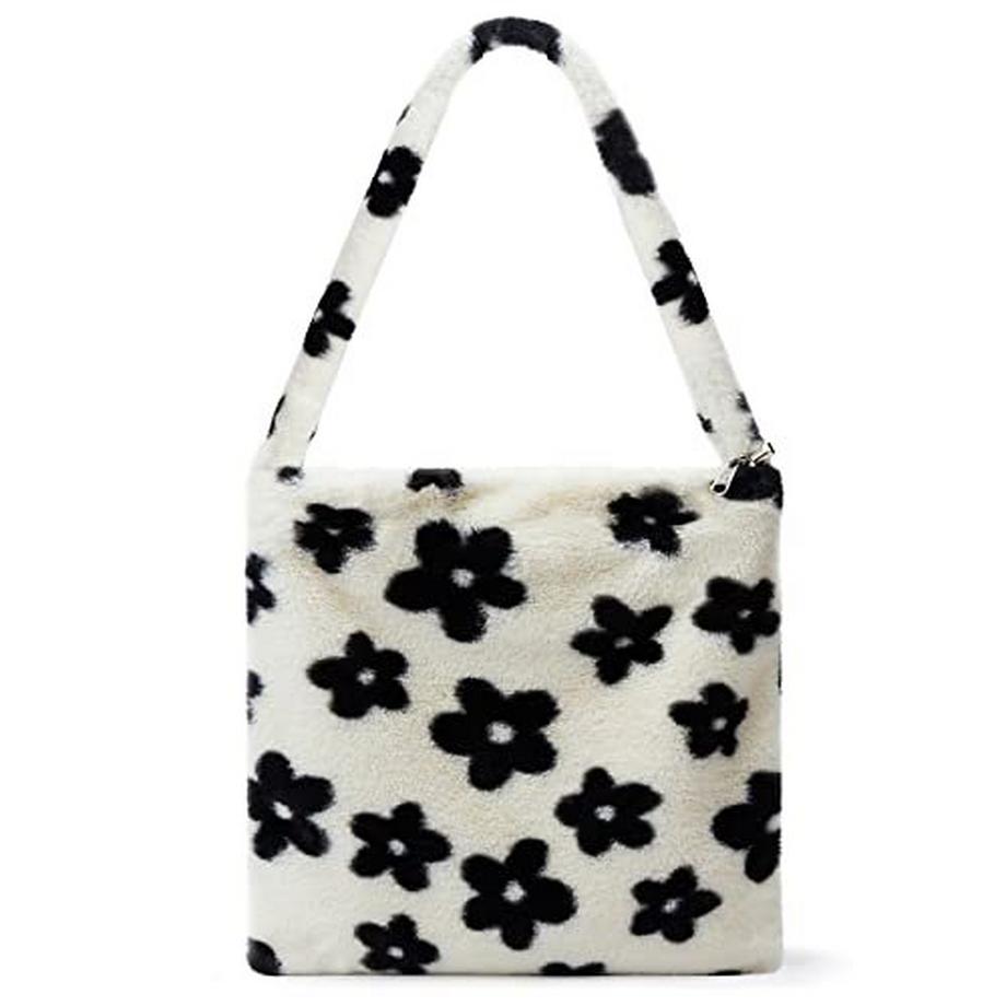 Only-bags.store Sac à bandoulière en peluche avec fermeture éclair noir floral  