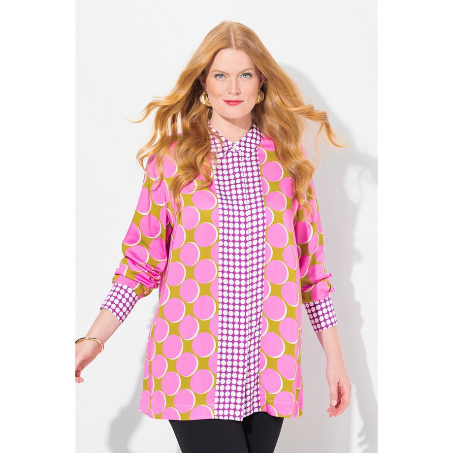 Ulla Popken Satin Longbluse Patch Design Hemdkragen Langarm  