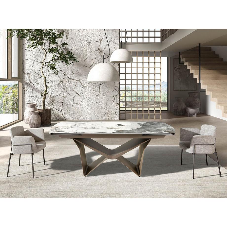 ANGEL CERDA Table de salle à manger ovale à rallonge avec marbre porcelaine et fût en acier taupe métallisé  