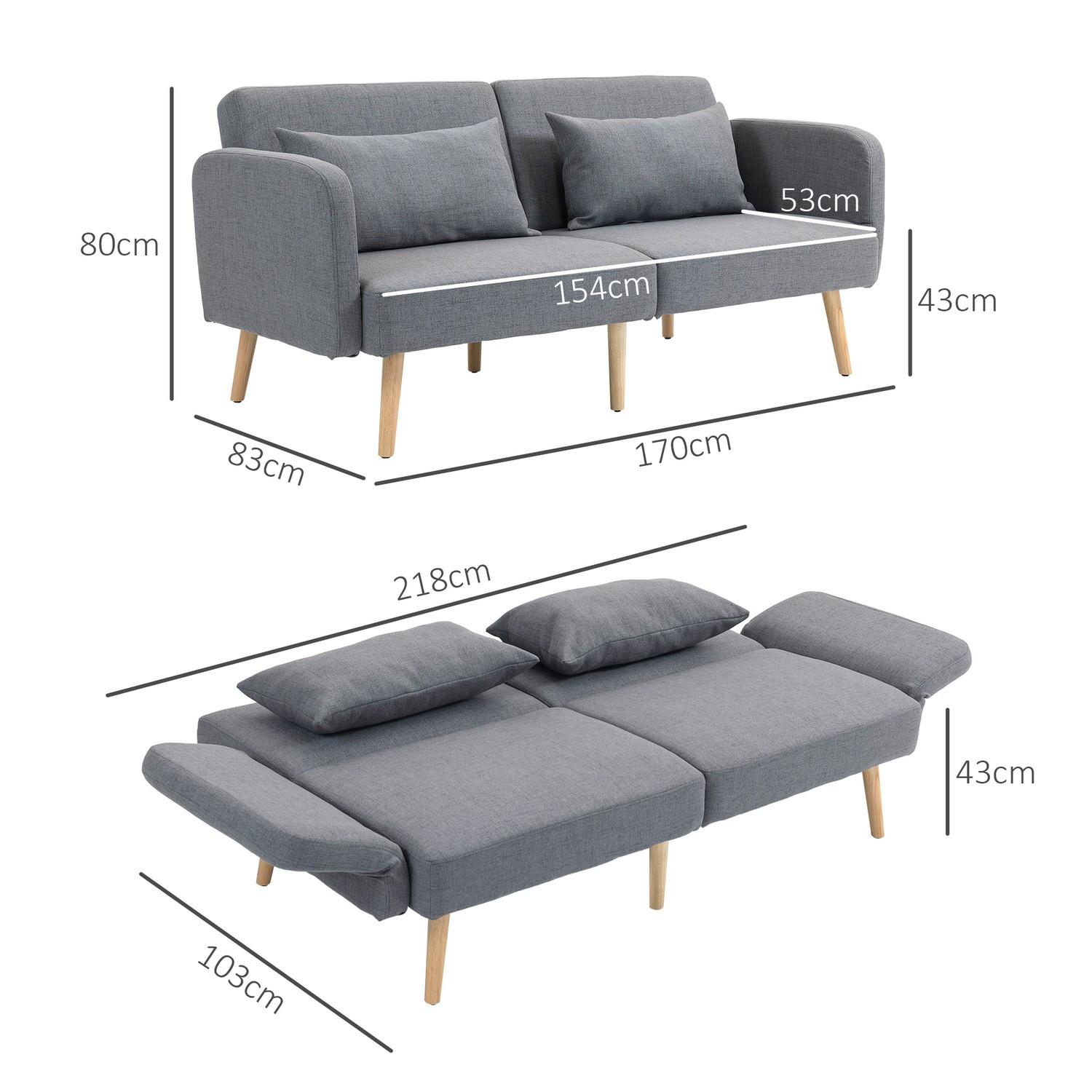 Northio 3er Sofa mit Schlaffunktion, 170x83x80cm, mit 3-stufig verstellbarer Rückenlehne und Füße, Wellenfedern, Wurfkissen, Leinenoptik, Grau  