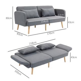 Northio 3er Sofa mit Schlaffunktion, 170x83x80cm, mit 3-stufig verstellbarer Rückenlehne und Füße, Wellenfedern, Wurfkissen, Leinenoptik, Grau  