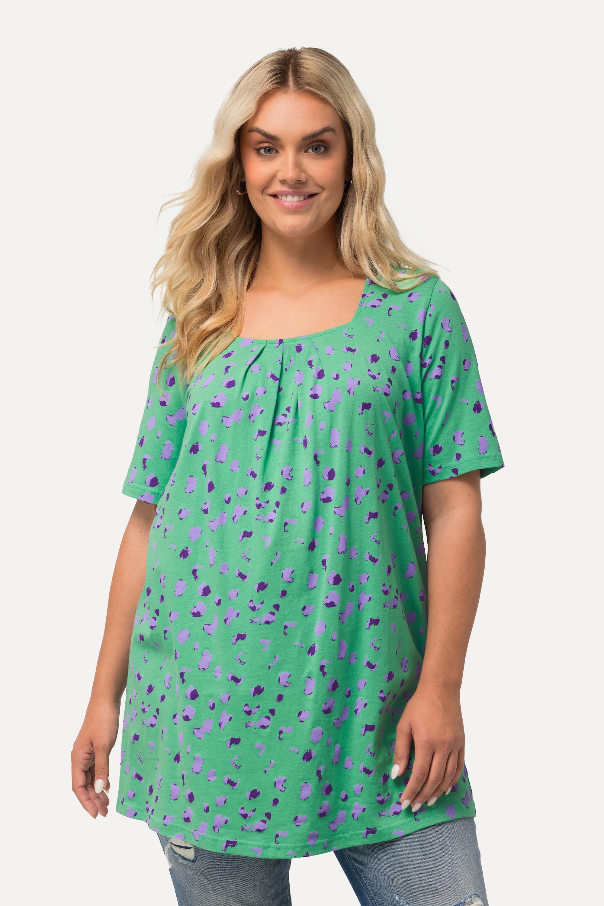 Ulla Popken  T-shirt long, motifs à pois, encolure carrée, manches courtes 