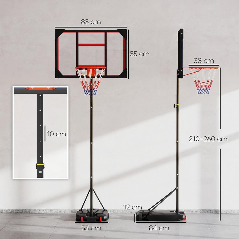 Northio  Panier de basket d'extérieur pour enfants, support de basket réglable en hauteur de 210 à 260 cm avec roulettes, système de basket avec support pour enfants à partir de 6 ans, rouge 