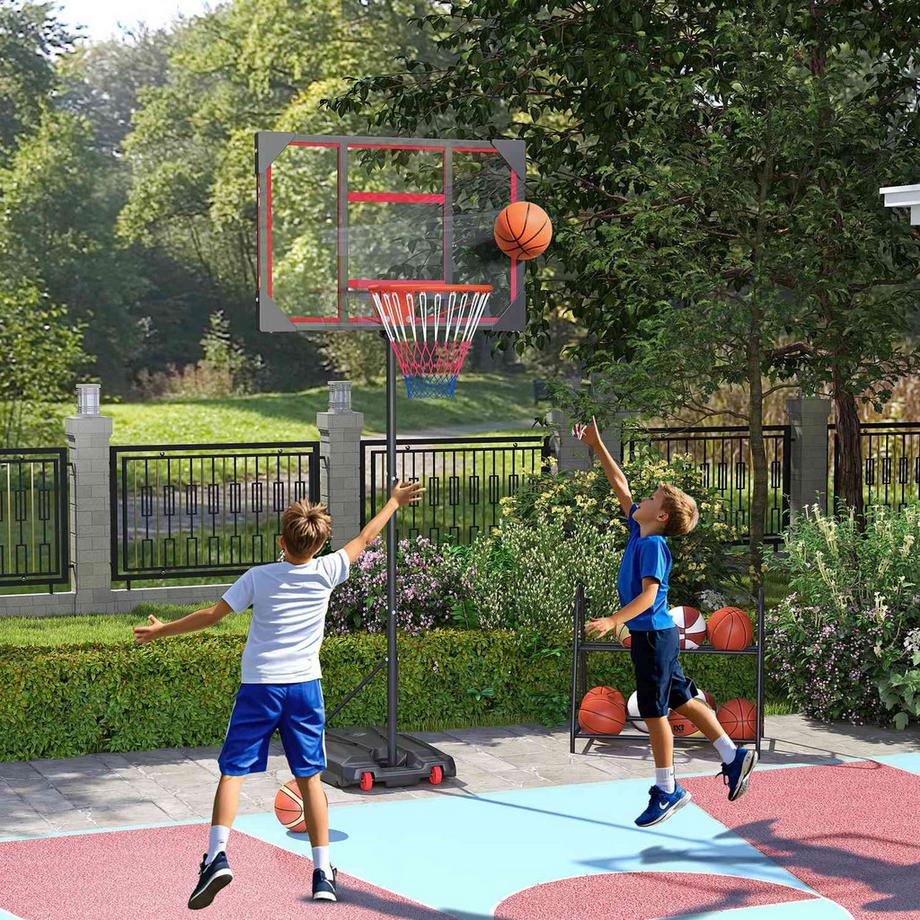 Panier de basket d'extérieur pour enfants, support de basket réglable en hauteur de 210 à 260 cm avec roulettes, système de basket avec support pour enfants à partir de 6 ans, rouge