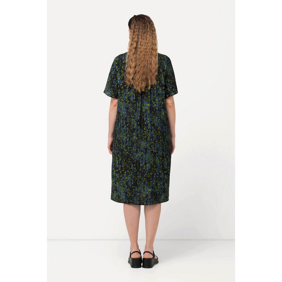 Ulla Popken Kleid Punkte Smokeinsatz V-Ausschnitt Halbarm  