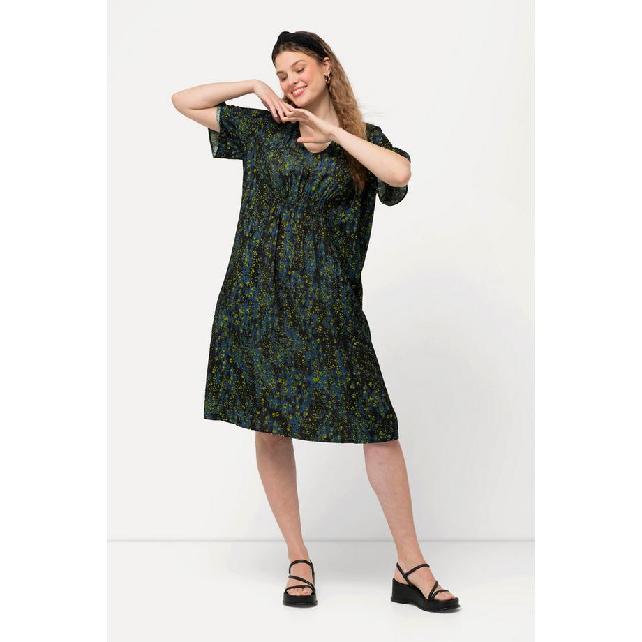 Ulla Popken Kleid Punkte Smokeinsatz V-Ausschnitt Halbarm  