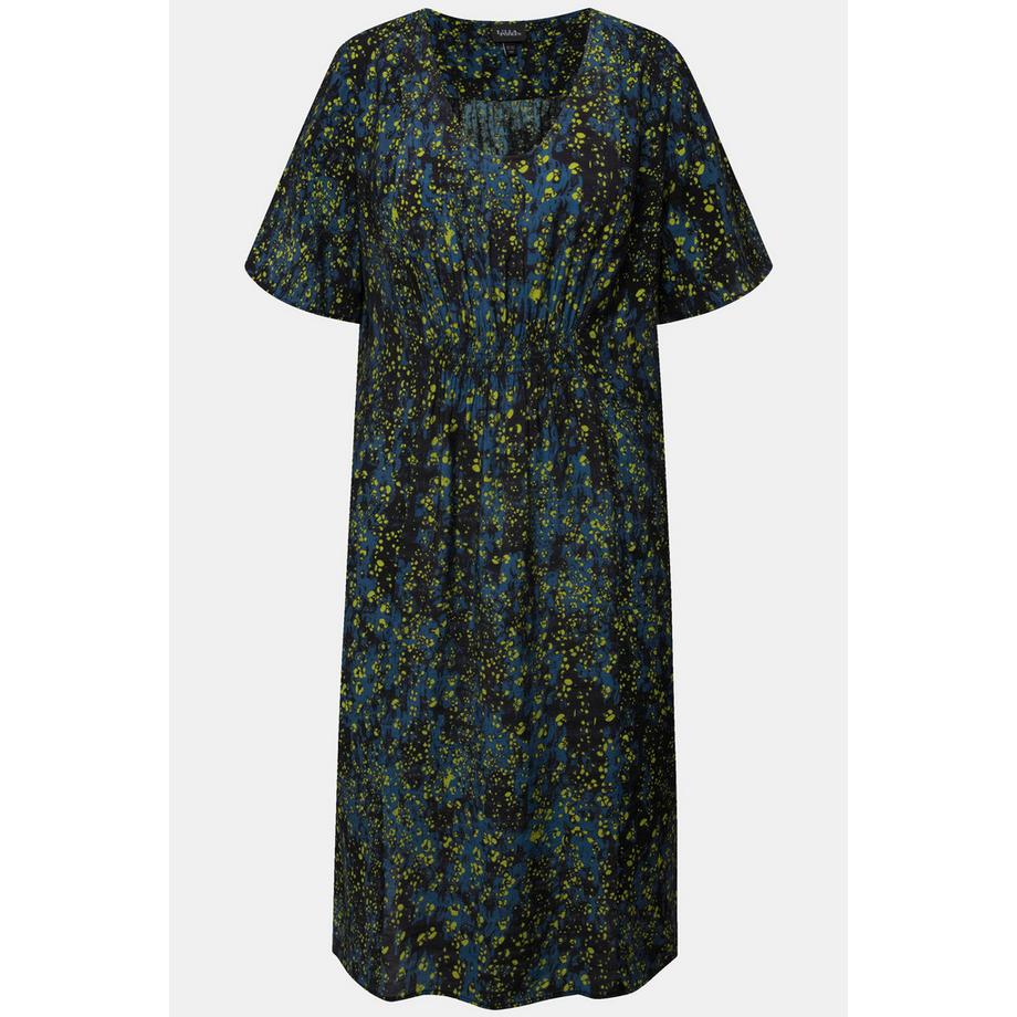 Ulla Popken Kleid Punkte Smokeinsatz V-Ausschnitt Halbarm  