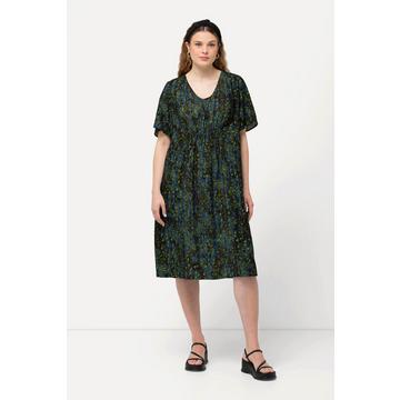 Abito con pallini, inserto a punto smock, scollo a V e mezze maniche