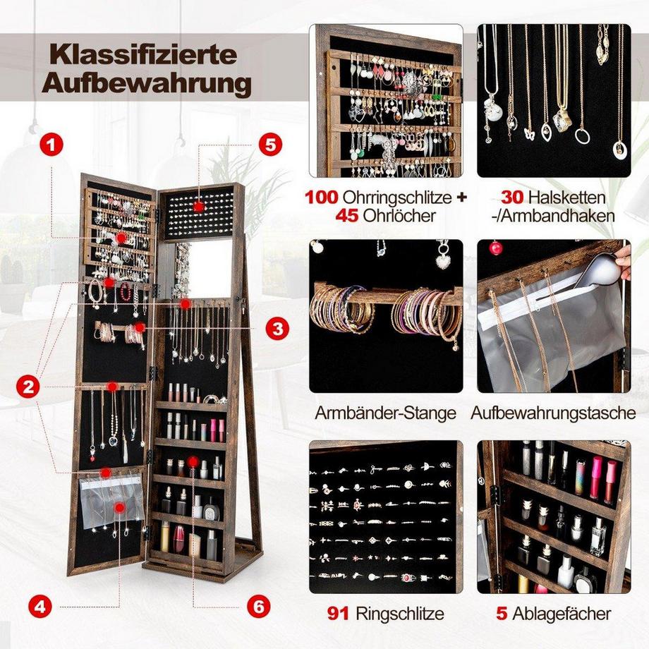 Northix Schmuckschrank Spiegelschrank mit Ganzkörperspiegel und eingebauter Make-up-Spiegel Braun  