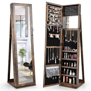 Armoire à bijoux avec miroir pleine longueur et miroir de maquillage intégré marron