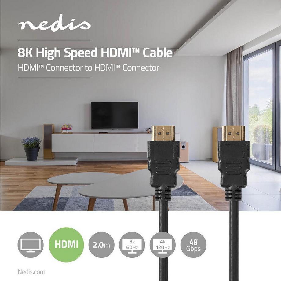 Nedis  Ultra High Speed HDMI™ Kabel | HDMI™ Stecker | HDMI™ Stecker | HDMI™ Stecker | 8K@60Hz | 48 Gbps | 2,00 m | Rund | 6,5 mm | Schwarz | Kunststoffbeutel 