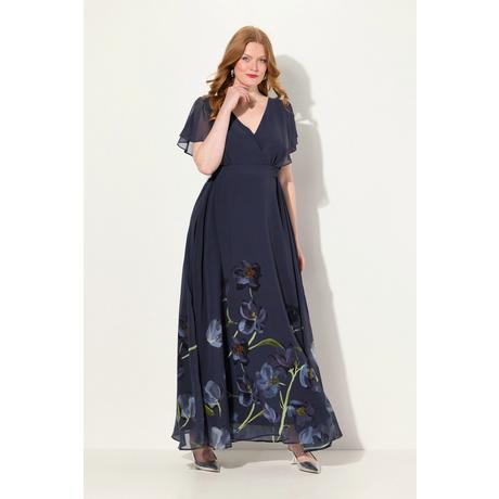 Ulla Popken  Robe de soirée à manches courtes et col en V, imprimé floral et ligne en A 