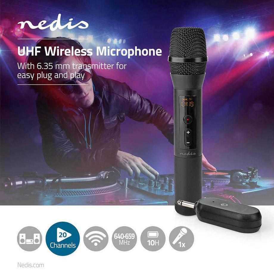 Nedis  Ensemble de microphones sans fil | 20 canaux | 1 microphone | Cardioïde | 70 Hz - 13 kHz | 1000 ohms | -95 dB | Contrôle du volume | Noir 