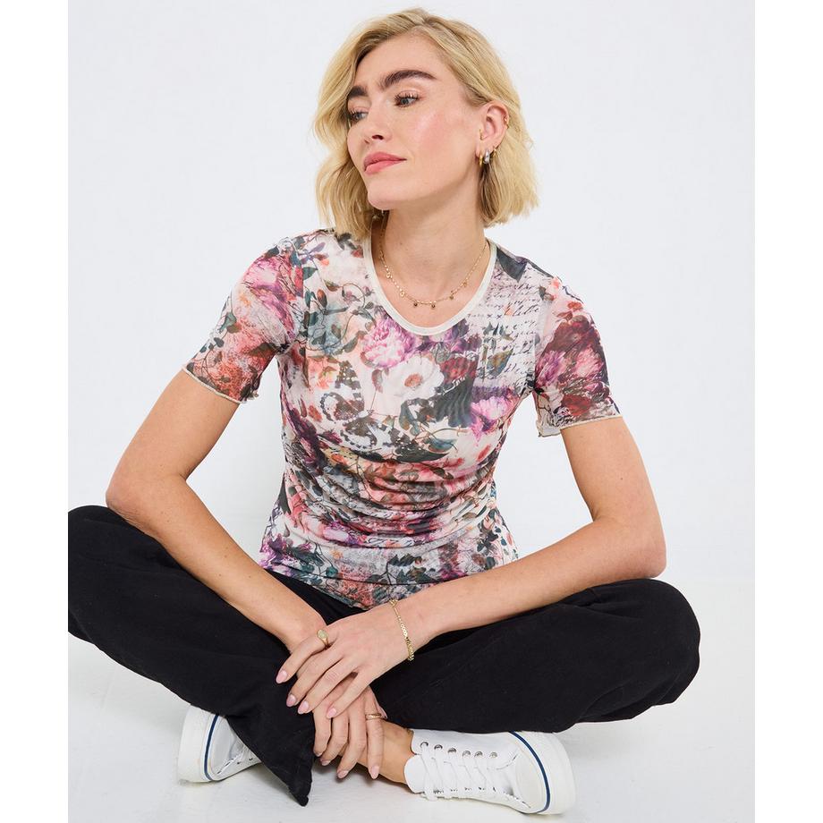 T-shirt manches courtes effet superposition en tissu maille avec motif papillon